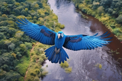 Modrý papoušek letící nad řekou