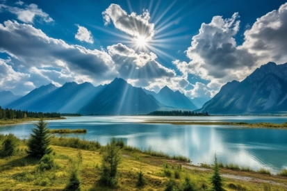 Jezero s horami a sluncem prosvítajícím skrz mraky.