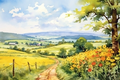 Akvarelová malba silnice s květinami a stromy