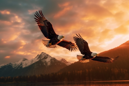 Dva orli letící nad vodou s horami v pozadí