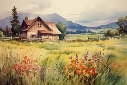 Akvarelová malba domu v květinovém poli