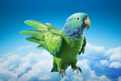 Zelený papoušek létající na obloze