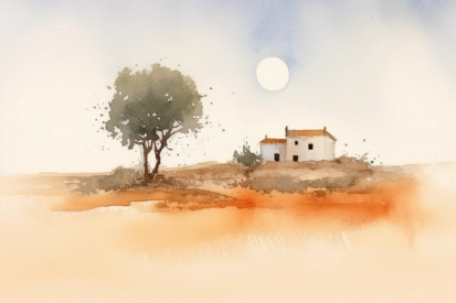 Akvarelová malba domu a stromu