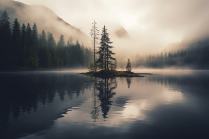 Malý ostrov v jezeře se stromy a mlhou