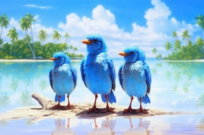 Skupina modrých ptáků stojících na kládě u vody