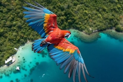 Papoušek letící nad vodou