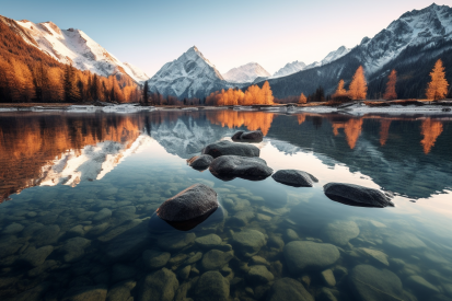 Jezero se skalami a horami v pozadí