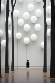 Osoba stojící před stěnou s bílými balónky