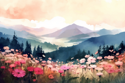 Pole růžových květů s horami v pozadí