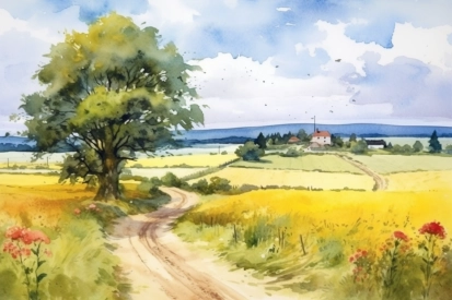 Akvarelová malba silnice a stromu