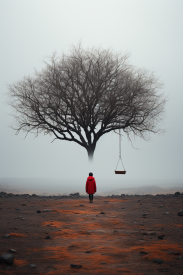 Osoba stojící před stromem, na kterém se houpe.