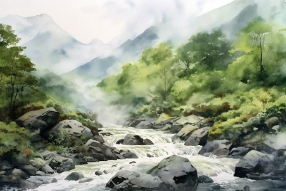 Akvarel řeky protékající lesem