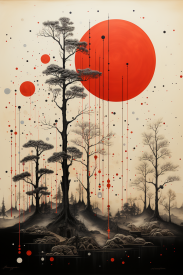Obraz stromů a červených kruhů