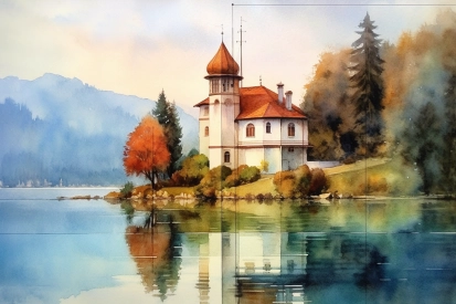 Akvarelová malba domu na kopci se stromy a jezerem