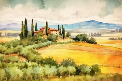 Akvarelová malba domu na kopci