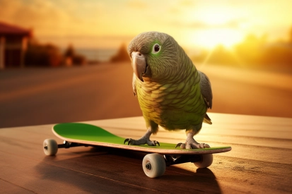 Pták stojící na skateboardu