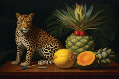 Obraz leoparda sedícího na stole s ovocem
