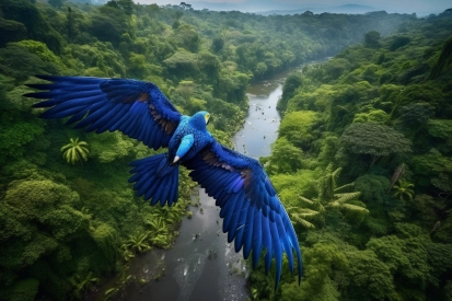 Modrý pták letící nad řekou