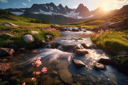 řeka protékající údolím s květinami a horami v pozadí