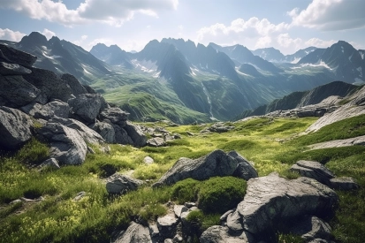 Skalnaté pohoří s trávou a kameny