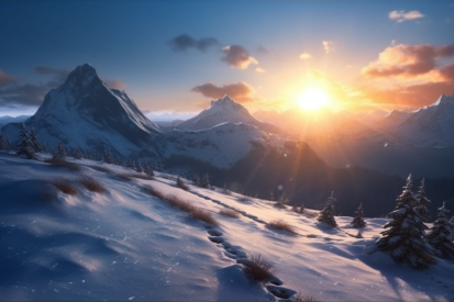 Zasněžená hora se západem slunce