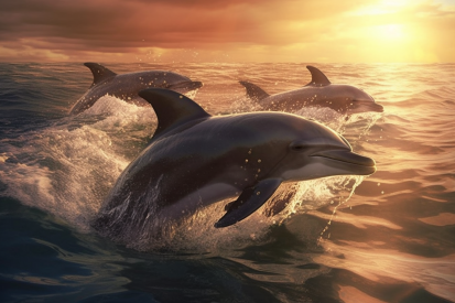 Skupina delfínů vyskakující z vody