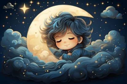 kreslený obrázek dítěte spícího v oblacích