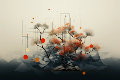 Strom s oranžovými listy a geometrickými tvary