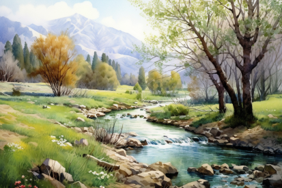 Akvarel řeky protékající travnatou plochou