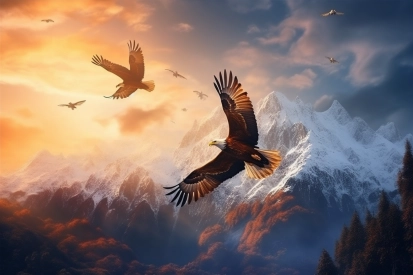 Ptáci létající na obloze s horami a stromy