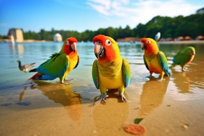 Skupina barevných ptáků stojících na pláži