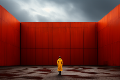 Osoba ve žlutém plášti stojící před červenou zdí.