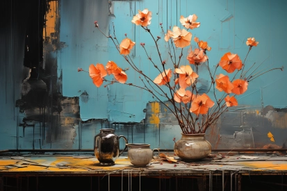 Váza s oranžovými květy a džbán na stole
