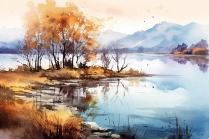 Akvarel jezera se stromy a horami v pozadí