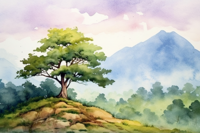 Akvarel stromu na kopci