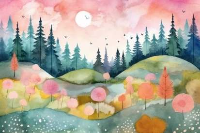 Akvarelová malba krajiny se stromy a růžovou oblohou