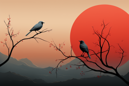 Ptáci na větvi stromu s červeným sluncem za zády