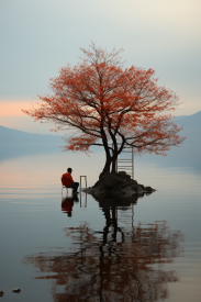Osoba sedící na malém ostrůvku ve vodě se stromem a žebříkem