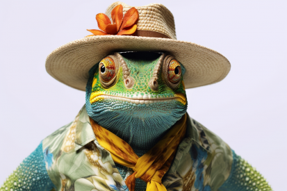 Chameleon v klobouku a košili