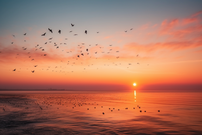 Skupina ptáků letících nad vodou