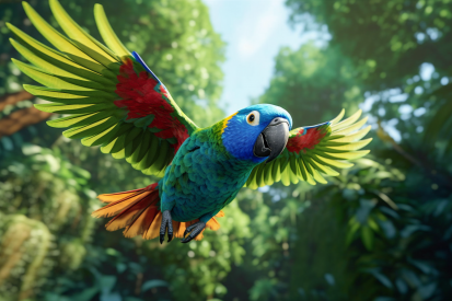 Barevný papoušek létající ve vzduchu