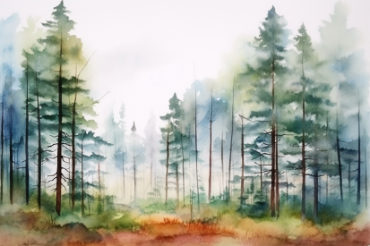 Akvarel lesa stromů