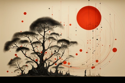Strom s červenými kruhy a čarami