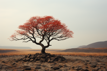 Strom s červenými listy na skalnaté zemi