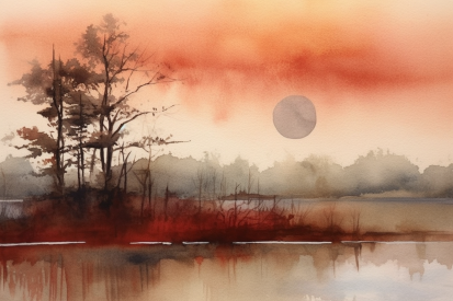 Akvarelová malba jezera se stromy a západem slunce