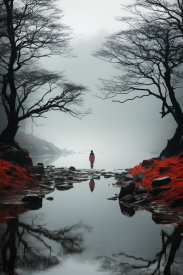 Osoba stojící na skalnatém břehu se stromy a červenými rostlinami
