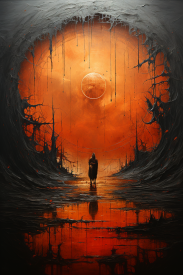 Osoba stojící v tunelu s měsícem v pozadí