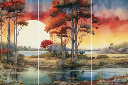 Akvarelová malba stromů a jezera