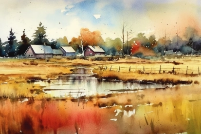 Akvarelová malba domů a rybníka v poli