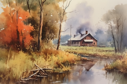 Akvarelová malba domu a potoka